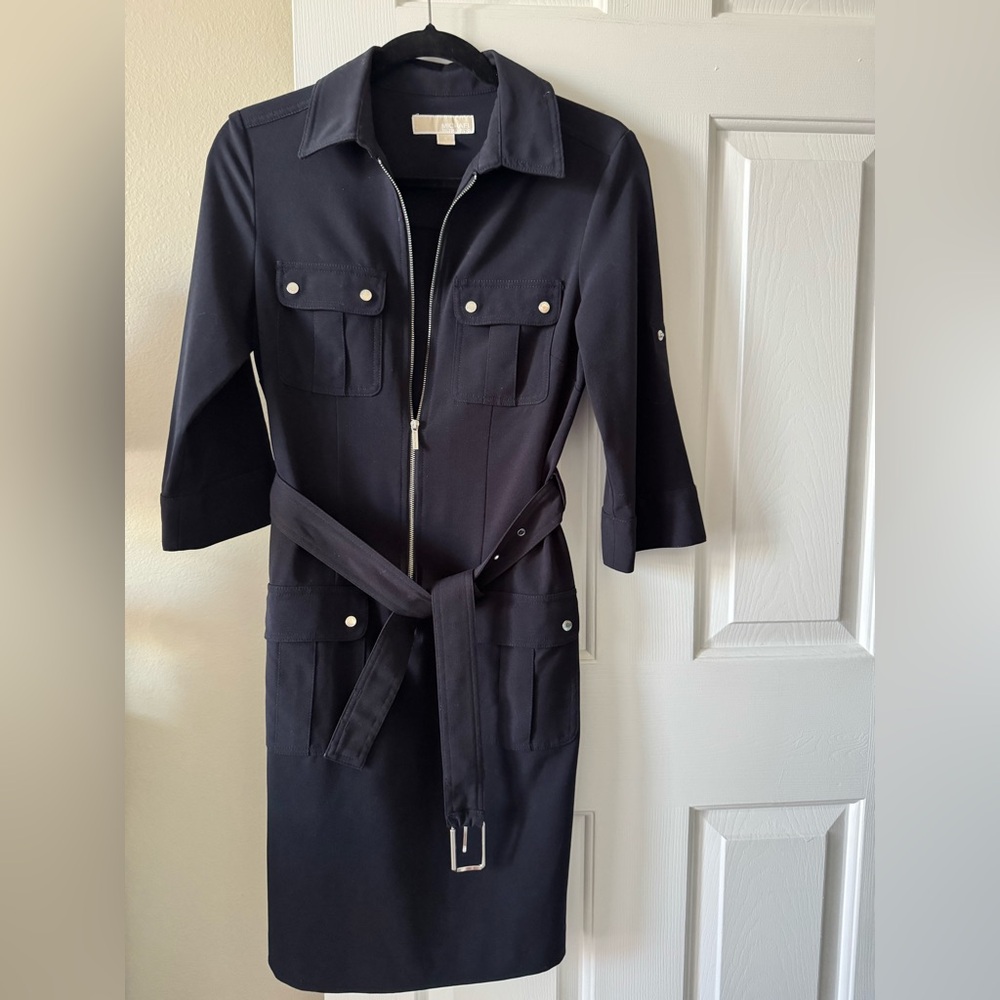 Michael Kors dress, S, Navy, 3/4 sleeves, Zip Front, belted, NWOT - Picture 2 of 10